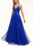 Katherine A-line V-Neck Floor-Length Tulle Prom Dresses With Sequins UKP0021364