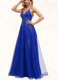 Katherine A-line V-Neck Floor-Length Tulle Prom Dresses With Sequins UKP0021364