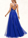 Katherine A-line V-Neck Floor-Length Tulle Prom Dresses With Sequins UKP0021364