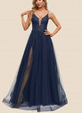 Aryanna A-line V-Neck Floor-Length Lace Tulle Prom Dresses With Sequins UKP0021370