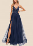 Aryanna A-line V-Neck Floor-Length Lace Tulle Prom Dresses With Sequins UKP0021370