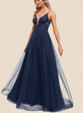 Aryanna A-line V-Neck Floor-Length Lace Tulle Prom Dresses With Sequins UKP0021370