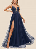 Aryanna A-line V-Neck Floor-Length Lace Tulle Prom Dresses With Sequins UKP0021370