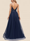 Aryanna A-line V-Neck Floor-Length Lace Tulle Prom Dresses With Sequins UKP0021370