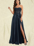 Kayleigh A-line Sweetheart Sweep Train Lace Satin Prom Dresses UKP0021371