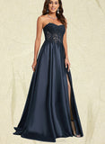 Kayleigh A-line Sweetheart Sweep Train Lace Satin Prom Dresses UKP0021371