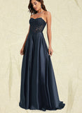 Kayleigh A-line Sweetheart Sweep Train Lace Satin Prom Dresses UKP0021371