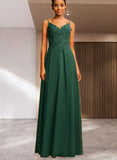 Deja A-line V-Neck Floor-Length Chiffon Lace Prom Dresses With Rhinestone UKP0021373