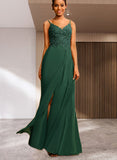 Deja A-line V-Neck Floor-Length Chiffon Lace Prom Dresses With Rhinestone UKP0021373