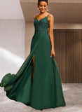 Deja A-line V-Neck Floor-Length Chiffon Lace Prom Dresses With Rhinestone UKP0021373