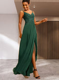 Deja A-line V-Neck Floor-Length Chiffon Lace Prom Dresses With Rhinestone UKP0021373