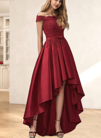 Sidney Ball-Gown/Princess Off the Shoulder Asymmetrical Satin Prom Dresses With Beading Bow Sequins UKP0021392