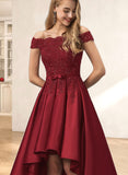 Sidney Ball-Gown/Princess Off the Shoulder Asymmetrical Satin Prom Dresses With Beading Bow Sequins UKP0021392