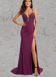 Madyson Trumpet/Mermaid V-Neck Sweep Train Jersey Prom Dresses With Rhinestone UKP0021396