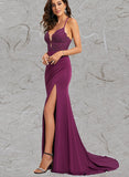 Madyson Trumpet/Mermaid V-Neck Sweep Train Jersey Prom Dresses With Rhinestone UKP0021396