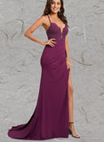 Madyson Trumpet/Mermaid V-Neck Sweep Train Jersey Prom Dresses With Rhinestone UKP0021396