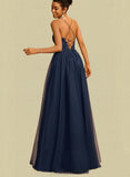 Novia A-line V-Neck Floor-Length Tulle Prom Dresses With Rhinestone UKP0021398