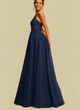 Novia A-line V-Neck Floor-Length Tulle Prom Dresses With Rhinestone UKP0021398