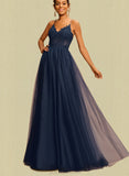 Novia A-line V-Neck Floor-Length Tulle Prom Dresses With Rhinestone UKP0021398