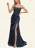 Leticia Trumpet/Mermaid Scoop Sweep Train Lace Satin Prom Dresses With Sequins UKP0021404