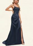 Leticia Trumpet/Mermaid Scoop Sweep Train Lace Satin Prom Dresses With Sequins UKP0021404