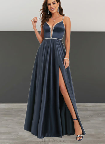 Ashlynn Ball-Gown/Princess V-Neck Floor-Length Satin Prom Dresses With Rhinestone UKP0021412