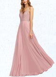 Joy A-line V-Neck Floor-Length Chiffon Lace Evening Dress UKP0021425