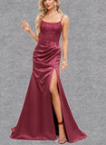 Aryanna Trumpet/Mermaid Scoop Sweep Train Satin Prom Dresses With Sequins UKP0021473