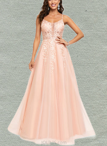 Ximena A-line Scoop Floor-Length Lace Tulle Prom Dresses With Sequins UKP0021474