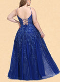 Caylee A-line Scoop Floor-Length Lace Tulle Prom Dresses With Sequins UKP0021475