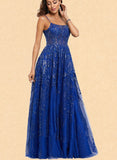 Caylee A-line Scoop Floor-Length Lace Tulle Prom Dresses With Sequins UKP0021475