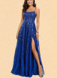 Caylee A-line Scoop Floor-Length Lace Tulle Prom Dresses With Sequins UKP0021475