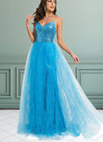 Aubree Ball-Gown/Princess V-Neck Floor-Length Tulle Sequin Prom Dresses With Sequins UKP0021476