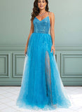 Aubree Ball-Gown/Princess V-Neck Floor-Length Tulle Sequin Prom Dresses With Sequins UKP0021476