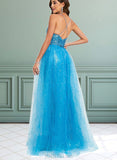 Aubree Ball-Gown/Princess V-Neck Floor-Length Tulle Sequin Prom Dresses With Sequins UKP0021476