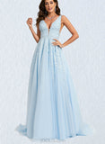 Maeve Ball-Gown/Princess V-Neck Sweep Train Lace Tulle Prom Dresses With Rhinestone UKP0021477