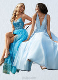 Maeve Ball-Gown/Princess V-Neck Sweep Train Lace Tulle Prom Dresses With Rhinestone UKP0021477