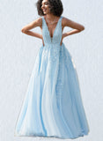 Maeve Ball-Gown/Princess V-Neck Sweep Train Lace Tulle Prom Dresses With Rhinestone UKP0021477