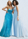 Maeve Ball-Gown/Princess V-Neck Sweep Train Lace Tulle Prom Dresses With Rhinestone UKP0021477