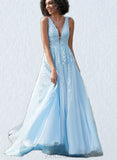 Maeve Ball-Gown/Princess V-Neck Sweep Train Lace Tulle Prom Dresses With Rhinestone UKP0021477