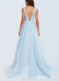 Maeve Ball-Gown/Princess V-Neck Sweep Train Lace Tulle Prom Dresses With Rhinestone UKP0021477