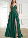 Tricia A-line V-Neck Floor-Length Lace Satin Prom Dresses UKP0021478