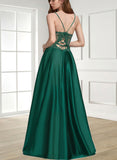 Tricia A-line V-Neck Floor-Length Lace Satin Prom Dresses UKP0021478