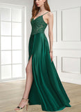 Tricia A-line V-Neck Floor-Length Lace Satin Prom Dresses UKP0021478