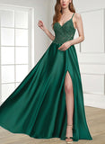 Tricia A-line V-Neck Floor-Length Lace Satin Prom Dresses UKP0021478