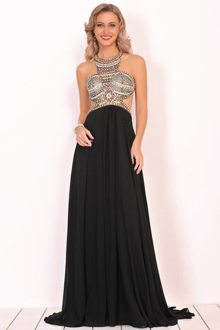 Scoop Prom Dresses A Line Open Back Chiffon With Beading