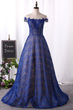 Dark Royal Blue Evening Dress Scoop Cap Sleeves See-Through Lace With Applique A Line