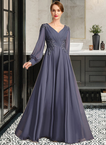 Juliana A-line V-Neck Floor-Length Chiffon Mother of the Bride Dress With Pleated Appliques Lace Sequins UKP0021652