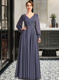 Juliana A-line V-Neck Floor-Length Chiffon Mother of the Bride Dress With Pleated Appliques Lace Sequins UKP0021652