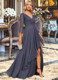 Olga A-line V-Neck Floor-Length Chiffon Mother of the Bride Dress With Cascading Ruffles UKP0021653